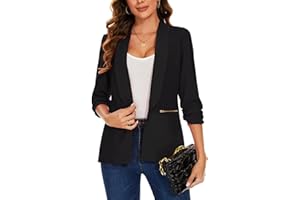 Kyzoeyou Womens Open Front Blazer with Zipper Pockets Suit Jacket 3/4 Ruched Sleeve Blazers Casual Cardigan Outerwear