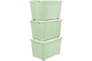 Cetomo 55L*3 Storage Boxes with Lids, Plastic Storage Box with Wheels and Secure Side Latches, Stackable & Nestable Organizer for Home, Office, Moving, PP, Green, 55L-3 Pack