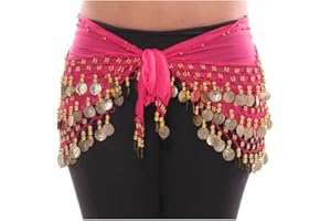 GENERIC 3 Rows Belly Dancing Dance Hip Scarf Skirt Belt with 128 Coins Red Belly Dance Wrap Hip Scarf Belt with Gold Coinsn LEENSY
