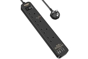 SE UKASE Extension Lead with USB C PD 20W, 4 Way Socket 1200 Surge Protection with 2M /6.56FT Long Extension Cord Multi Plug 2990W Safety Shutter for TV PC Laptops Tablets