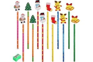 FRGASGDS Matita natalizia,12 pezzi Matite colorate in legno con gommino Temperamatite, Novità Natale Babbo Natale Albero di Natale Pupazzo di neve Molti modelli di cartoni animati per Bambini regalo di Natale
