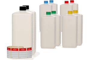 Octopus 10x 1000 ml bottiglie in plastica, bottiglie in plastica HDPE con tappi a vite variopinti, bottiglie vuote con coperchi a vite colorati, bottiglie quadre con etichette compilabili incluse