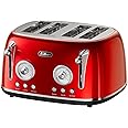 Feller Germany, Retro Style 4-Slice Toaster, 1630 W, Steel Body, 2 Dust Covers & 2 Bun Warmers, Defrost, Reheat, & Cancel Function, 4 Extra wide Bread Slots, Removable Crumb Tray, TO490 (Red)