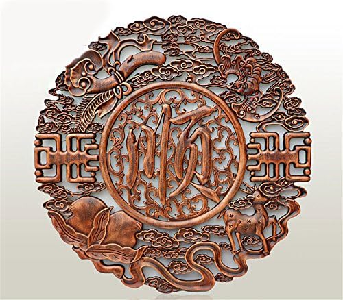 FUXINGXING Chinese Woodcarving Pendant Porch Living Room Background Wall Decoration Round Camphor Wood Carving Wall, 48cm