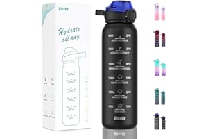 SLUXKE Botella Agua 316 Acero Inoxidable 1L con Handle, 1 Litro Botella Termica Doble Pared con Marcador de Tiempo para Niños & Adultos, Deporte, Oficina, Yoga, Ciclismo NEGRO