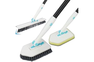 PUWOWYE Schrubber mit Stiel Bad, 3 in 1 Reinigungsbürste Bad, Bodenschrubber mit Austauschbaren Bürstenköpfen, für Badezimmerfliesen, Badewannen, Küche, Toilette, Weiß