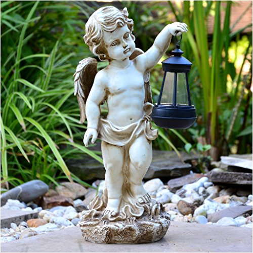Gartenengel Grabengel 38cm mit Solar LED-Beleuchtung aus Kunstharz wetterfest Engel