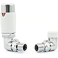 Hot Flow Chrome & White Estuary Corner TRV Thermostatic Radiator Valve (Pair) Includes Corner TRV Body, Wheel Head, Lock Shield. for Quick & Easy Temperature Control.