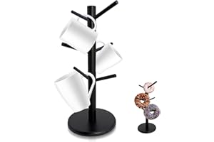 Mritrit Madera Soporte Tazas Vertical, Soporte para Colgar Tazas de Cafe con 6 Ganchos, Árbol Organizador de Tazas con Base Engrosada para Hogar Cocina, Oficina Coffee Corner, Cafetería (Negro)