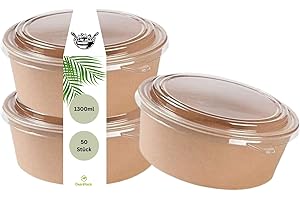 DeinPack Lot de 50 saladiers à emporter avec couvercle marron rond 1300 ml I Saladier en carton kraft emballage avec revêtement intérieur PLA I Couvercle en PET recyclé