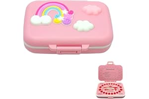 FROHSTADT Milchzahndose 20 Fach mit Baumwolle | Lebensmittelechte Plastik Zahnbox Jungen Mädchen | Zahnfee Geschenk & Taufgeschenke | Wasserdichter Silikonring + Drehverschluss (Regenbogen Design) (Rosa)