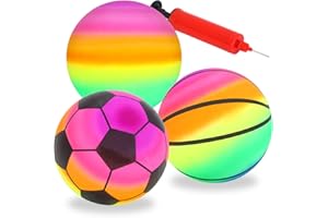 GUKASXI 3 Pièces Ballon de Plage Gonflable avec pompe, Rainbow Balle de Jeu Molle en PVC Balle Rebondissantes Enfant, Balle de Rebond pour Enfants, Balle de Jeu en PVC pour Enfants, Soccer Softball, Kickball