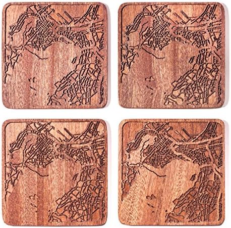 Cape Town Map Coaster, Set of 4, Sapele Wooden Coaster with City Map, Handmade