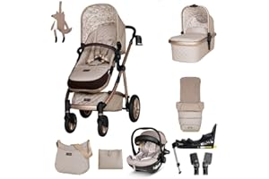Cosatto 3 in 1 Travel System - Wow 2 Everything Bundle - Compact Fold & Lightweight, Carrycot, Seat Unit, ADAC Tested iSize Car Seat, ISOFIX Base, Adapters, Footmuff, Change Bag & Raincover (Whisper)