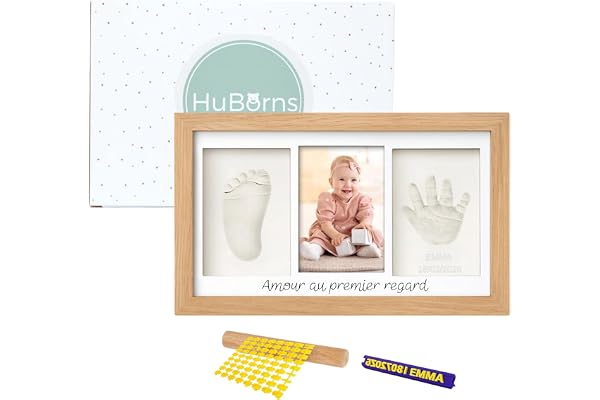 HuBorns - Cadre Empreinte Main Pied Bebe avec Argile Anti-fissuration, Kit Empreinte Bebe pour Cadeau Bebe Naissance, Cadre Empreinte Bébé avec Matériaux de Qualité (Bois)