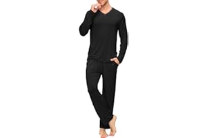 MoFiz Ropa de Dormir para Hombre Conjuntos de Pijama Manga Larga de Invierno 2 Piezas Ropa de Dormir Camisa Cuello en V y Pantalones Largos Suaves