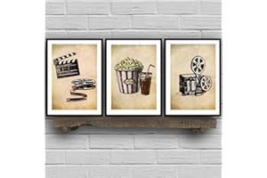 asasI9 Cinéma Vintage Art Toile Affiches Peinture Mur Photo Popcorn Film Clapper Imprimer Home Cinéma Rétro Décoration 21x30cmx3 sans Cadre