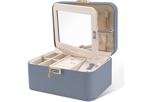KAMIER Jewelry Box – 2 Layers PU Leather Organizer with Large Capacity, Double Lock, Built-in Mirror, Hidden Necklace Hooks, Removable Dividers, Gift Box Packaging – Blaugrau