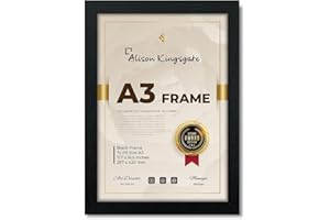 Alison Kingsgate Premium A3 Frame in Size 30x42cm - A3 Picture Frame Black with Clear Perspex Sheet & Wall Mounted Hook - Black A3 Picture Frames - A3 Poster Frames