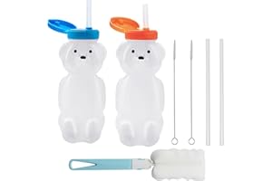 LONTOM 2 Pack Honey Bear Straw Cups, Squeezable Bear Bottle, Reusable Food-Grade & BPA Free Sippy Cup, Therapy Assistive Straw Bottle for Special Needs with 2 Straws & 3 Cleaning Brush