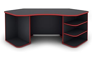 ‎BYLIVING byLIVING Schreibtisch THANATOS/Gaming-Tisch in Anthrazit mit Kanten in rot/Eck-Scheibtisch mit viel Stauraum und XXL Tischplatte/Computer-Tischr/PC/Arbeits-Tisch / 198x76x85cm (BxHxT)
