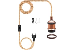LAKONEI 510CM Cable de Lámpara Colgante de Cuerda de Cáñamo, E26 E27 Portalámparas Metal con Enchufe y Interruptor, Vintage Borgoña Trenza Colgante