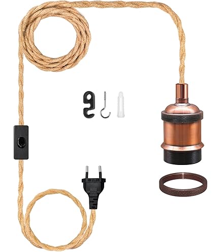 Kit De Iluminación Colgante Con Interruptor Enchufable Lámpara De Tela Vintage Con Portalámparas Colgante De Cuerda De Cáñamo Trenzado E27 Juego De Cables Para Lámpara Colgante