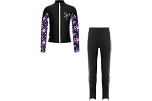 FEESHOW Konståkning för barn, flickor, glitter, strass, tryckt jacka, konståkning, byxor, set, tävling, träning, sport, outfi