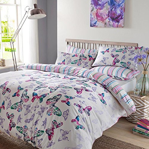 Dreamscene - lujo Mariposa a la acuarela juego de edredón con funda de almohada, poliéster/algodón, multicolor, doble