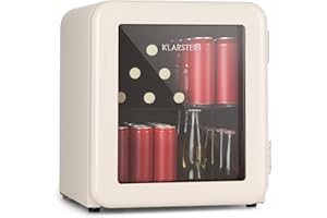 KLARSTEIN Nevera Pequeña 48 l. Puerta Cristal Silenciosa, Mini Nevera, Neveras Pequeñas Habitación para Refrescos y Vino, Mini Frigorificos Pequeños con Estantes Extraíbles, Temperatura 0-10°C