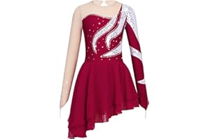dPois Asymétrique Robe de Patinage Artistique Enfant Fille Paillettes Robe Danse Classique Manches Longues Brillant Strass Justaucorps Gymnastique Gym Ballet 5-16 Ans