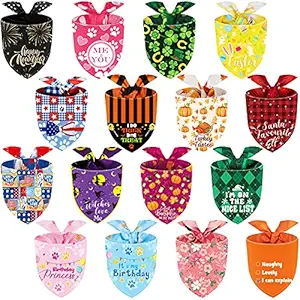 16 Pieces Holiday Dog Bandanas Patriotic Day Halloween Thanksgiving Day Dog Bandanas Pets Bibs Triangle Dog Scarf Dog Birthday Daily Floral Bandanas Xmas Plaid for Pet Festival Costume Supply