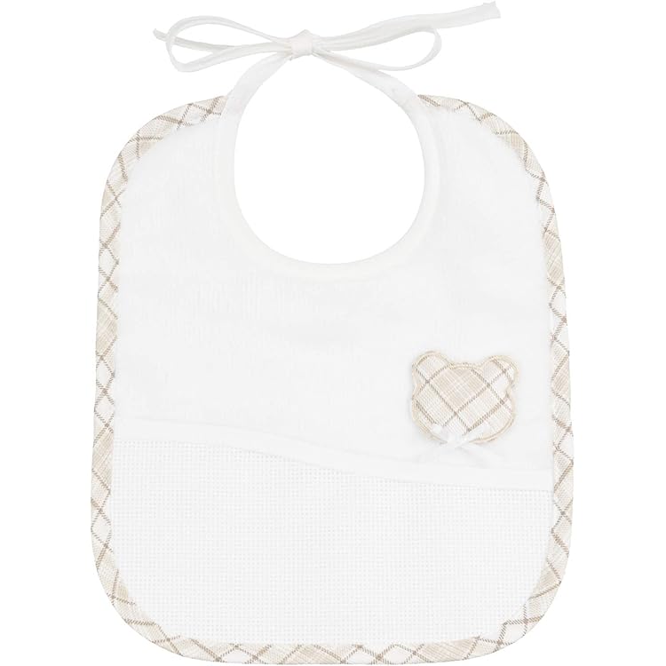 Bavoir Bébé Rectangle Avec Toile Aïda à Broder - Motif Ourson Brodé - Fermeture Lacets - 18x21 Cm - Fabriqué En Italie