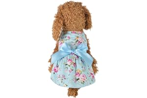 HshDUti Sweetie Bowknot Dog Dresses For Small Dogs Cats, Princess Doggie Shirts Girls Puppy Shirt Spring Summer Dog Clothes Flower Print Cotton Dog Costume Outfit Blue S