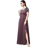 Miss Chase Women's Round Neck Sleeve Embellished Fit Flare Maxi Dress