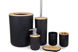 MissFox 6 Stück Bambus Badezimmer Set, Bad Zubehörset Umweltfreundliches Seifenspender Set mit Lotionspender, Mülleimer, Zahnbürstenhalter, Zahnputzbecher, Toilettenbürste und Seifenschale