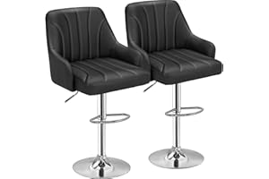 VECELO Tabourets de Bar Lot de 2, Hauteur Réglables, avec Dossier et Accoudoirs, Chaises Pivotantes en PU, pour Bar, Cuisine, Moderne, Noir