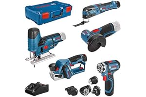 Bosch Professional system 12V: akum. wiertarko-wkrętarka GSR 12V-15 FC (4 wym. uchwyty)+GHO 12V-20+GWS 12V-76+GST 12V-70+Multi-Cutter GOP 12V-28 (2 akum. 2.0Ah, 1 akum. 3.0Ah + ład., walizka XL-BOXX)