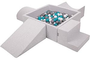 KiddyMoon Parque Infantil De Espuma con Cuadrada Piscina De Bolas (300 Bolas) para Niños, Gris Claro:Gris/Blanco/Turquesa