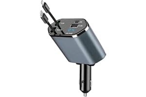 CHARGEWAY 120W Retractable Car Charger 4 in 1 Car Charger Adapter with Retractable Cables and Voltage DisplayWith USB/USB-C Ports Compatible with i-P-hone, Android, Samsung Galaxy
