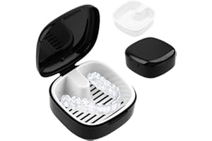 BINLAVA Gebissdose Zahnspangenbox Prothesendose, Zahnprothesen Box mit Abnehmbarem Filtersieb, Tragbare Aufbewahrungsbox Retainer Etui, Prothese Behälter Zahnschiene Box (6,8 × 6,8 cm innen Schwarz)
