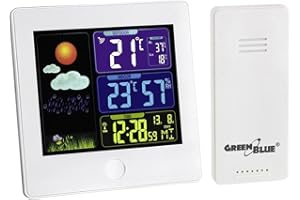 GreenBlue GB521W Funk Wetterstation mit Außensensor Kalender Hygrometer Thermometer DCF Uhr Wecker Batterie und Netzbetrieb Weiß