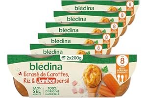 Blédina - Bols - Repas midi bébé - Ecrasé de Carottes, Riz & Jambon persil - Dès 8 mois - Sans sel ajouté - 12x200g