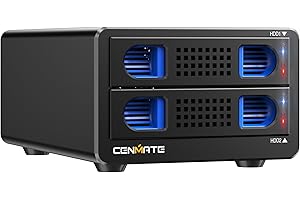 CENMATE Aluminiowa obudowa dysku twardego z dwiema kieszeniami i wentylatorem do 2,5"/3,5" SATA HDD/SSD z USB A/C 3.0, beznarzędziowa obudowa dysku twardego, rozszerzenie Daisy Chain, DAS(NO RAID/NAS)