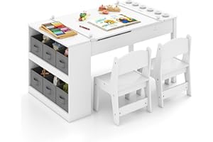 Maxmass 2-in-1 Kids Art Table and Chair Set, Children Lift-top Wooden Craft Table with Open Shelf, Paper Roll, 6 Storage Boxes, Toddler Play Tables for Drawing Learning (White, 6 Cups with Cover)