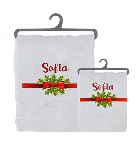 Set 2 Asciugamani Personalizzati 100% Cotone Made In Italy - 82x50 Cm E 58x38 Cm - Bianco Con Nome - Regalo Di Natale