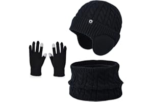 ENWOKRAN Kids Winter Hat Scarf Gloves Set Thermal Knit Hat With Warm Ear Covers Fleece Lining Elastic Neck Warmer Touchscreen Mitten for Children Aged 4-10 Cold Weather Outdoor Sports