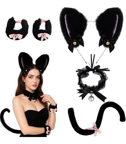 Katzenkostüm-Set Für Damen – 4-teilig Mit Ohren, Maske, Halskette & Schwanz, Schwarz