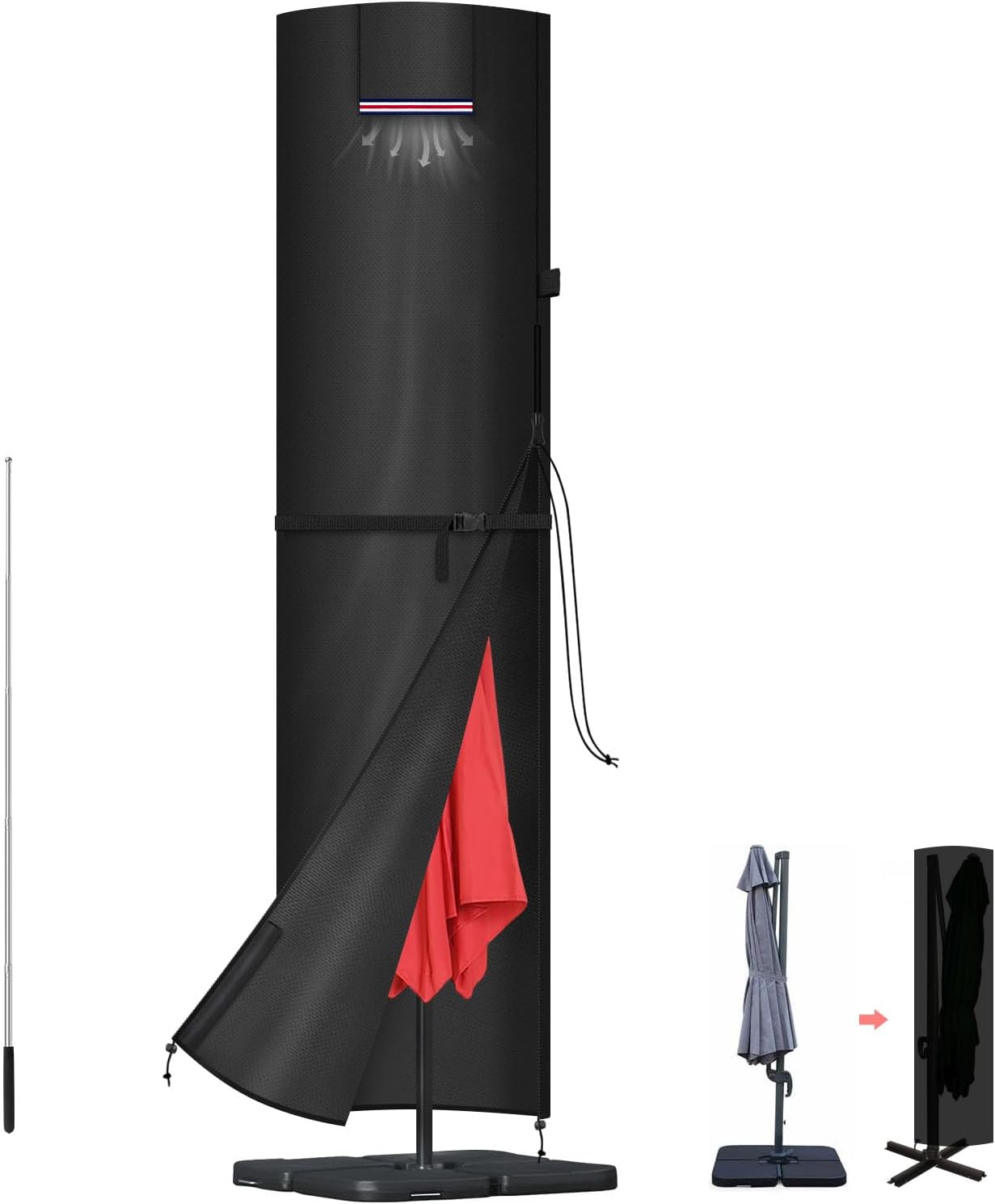 LAMUNI Housse Parasol Déporté, Housse de Protection pour Parasol de 3m 4m 5m, 420D Tissu Oxford Housse de Parasol Imperméable, Coupe-Vent, Anti-UV Grande Couverture de Parasol avec Tige, 260x65/65cm