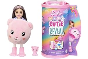 Barbie Cutie Reveal Chelsea Miś Lalka Seria Słodkie stylizacje Mała lalka w kostiumie misia z 6 niespodziankami, w tym zmianą koloru, HKR19